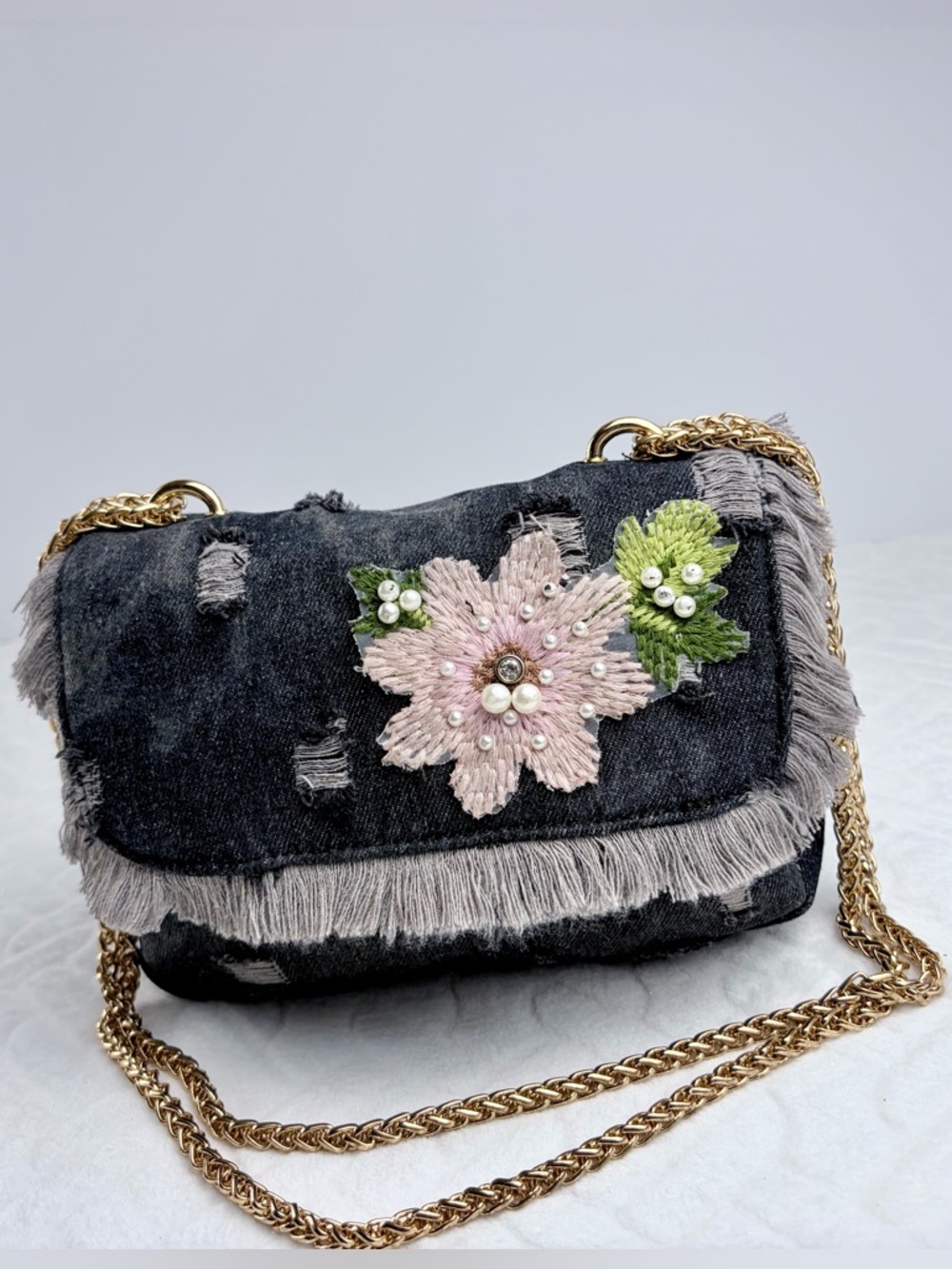 Distressed Y2K Boho inspired black Denim bag with pink 3D embroidered flower - Picture 2 of 10